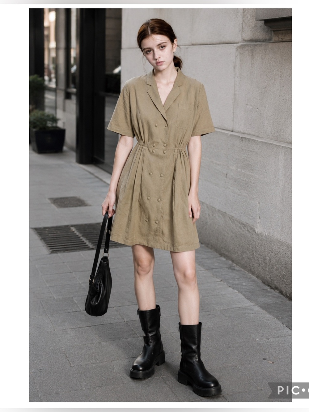 Sculptor Team Linen Blend Utility Shirt Dress Khaki Double Breasted Korea